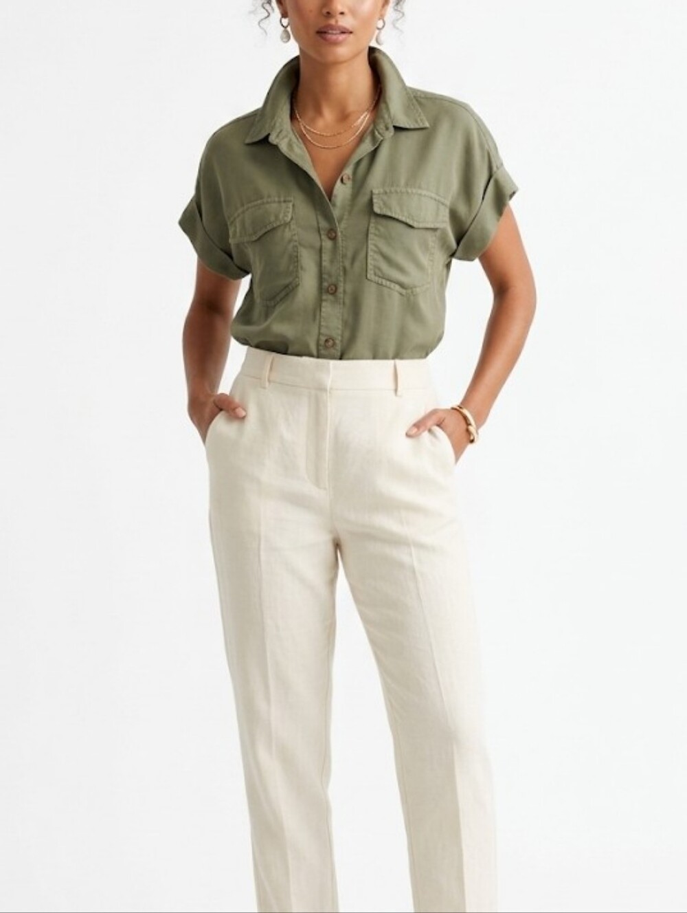 Sanctuary Olive Green Short-Sleeve Utility Button-Up Shirt